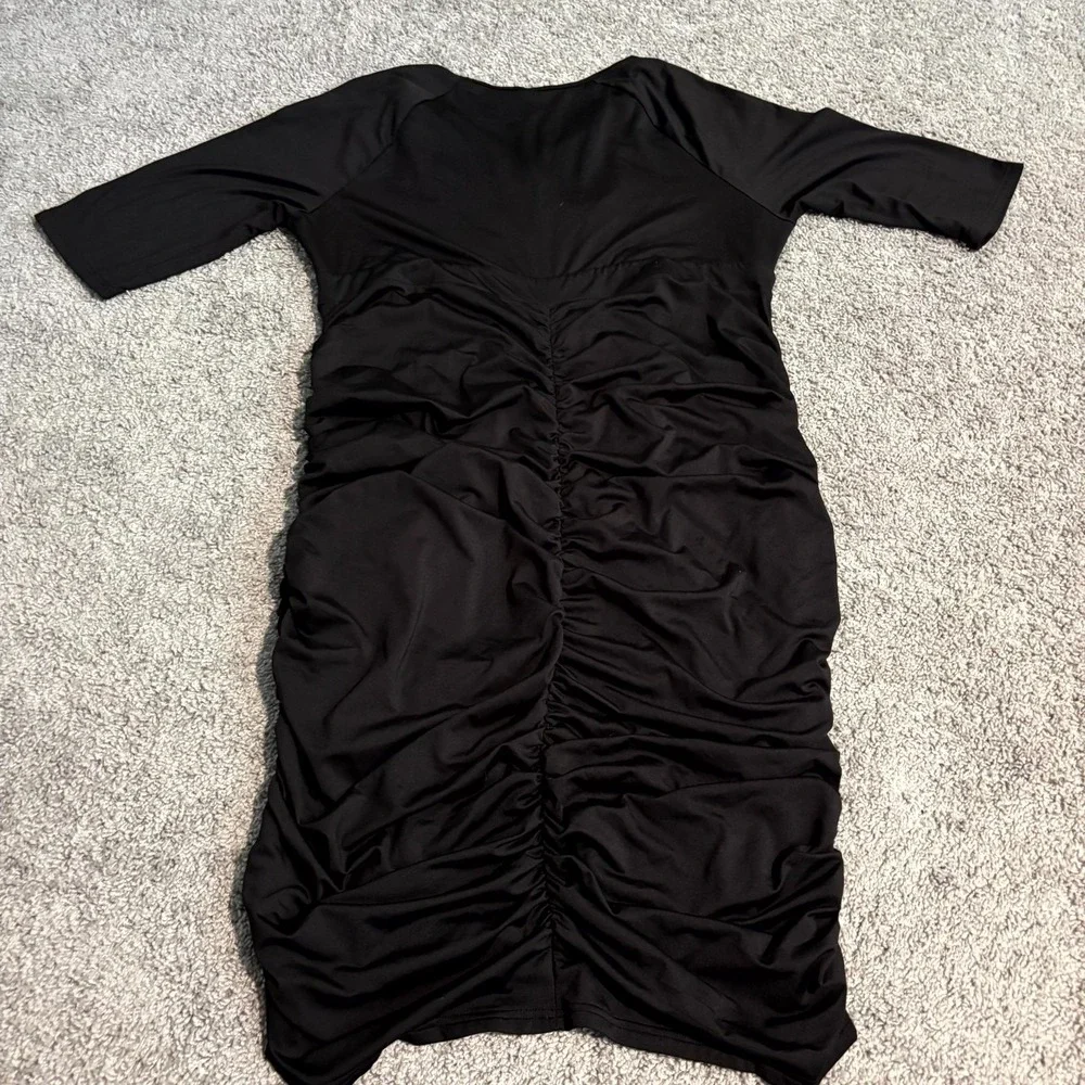 Poseshe Womens 3XL Black Ruched Bodycon Dress V Neck Stretch Midi Plus Size - Picture 9 of 9